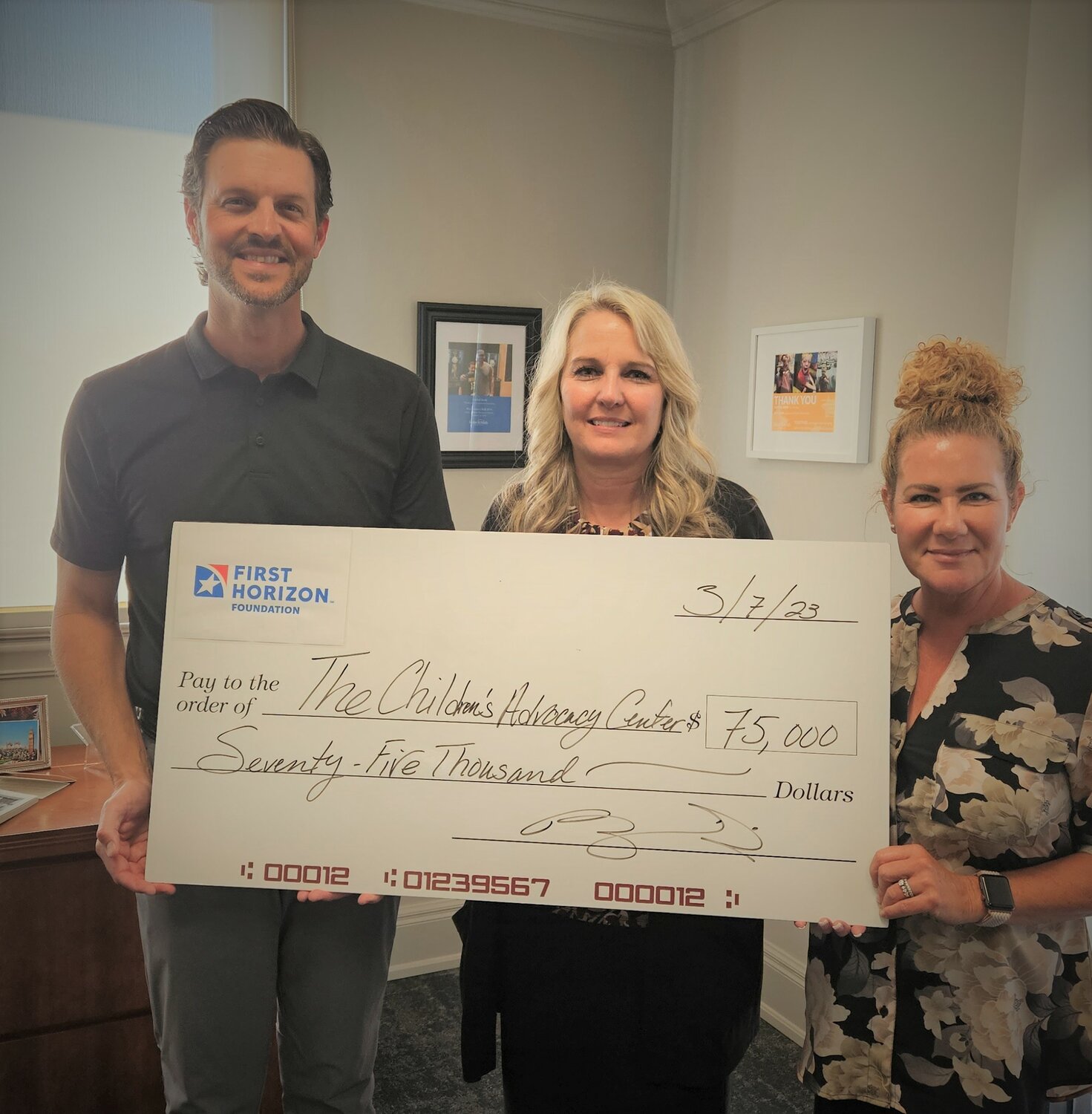 First Horizon Foundation donated $75,000 to the Children’s Advocacy Center.